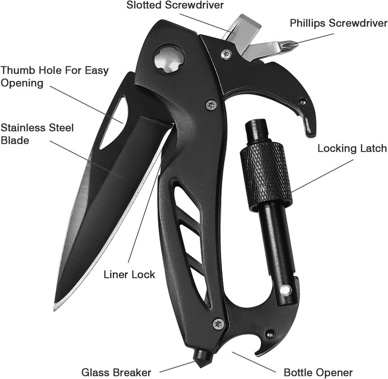 FUNBRO Multitool Carabiner with Pocket Knife, Stocking Stuffers Gifts for Men, EDC Carabiners with Folding Knives, Bottle Opener, Window Breaker and Screwdriver, Survival Gear for Camping Hiking - Image 4